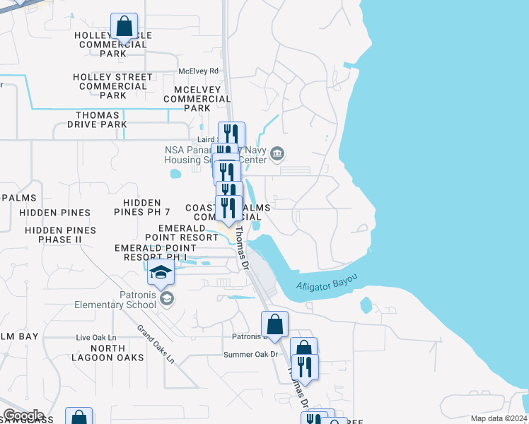 map of restaurants, bars, coffee shops, grocery stores, and more near Skylark Rd in Panama City Beach