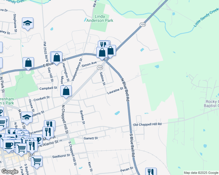 map of restaurants, bars, coffee shops, grocery stores, and more near 709 Brown Street in Brenham