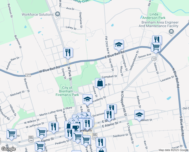 map of restaurants, bars, coffee shops, grocery stores, and more near 520 East Blue Bell Road in Brenham