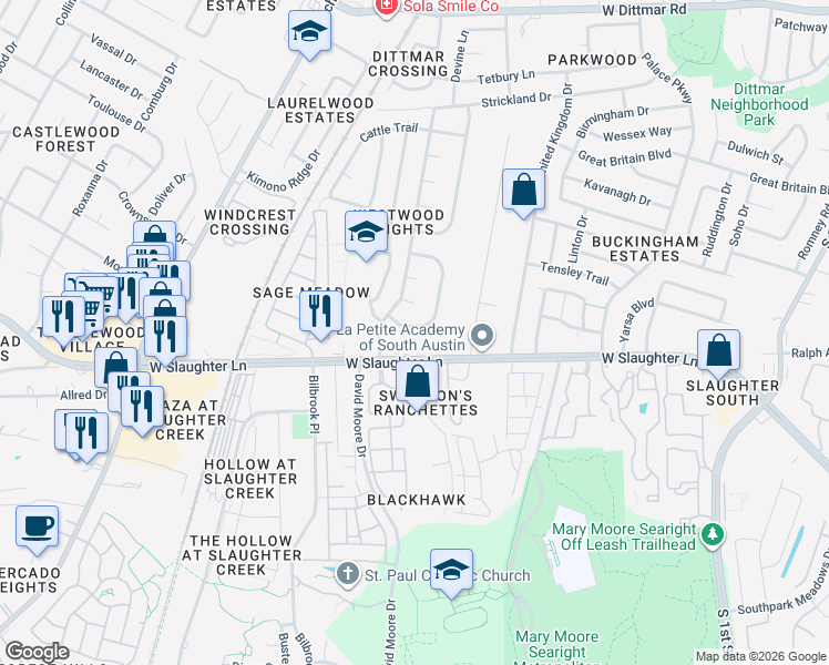 map of restaurants, bars, coffee shops, grocery stores, and more near 1205 Iron Musket Cove in Austin