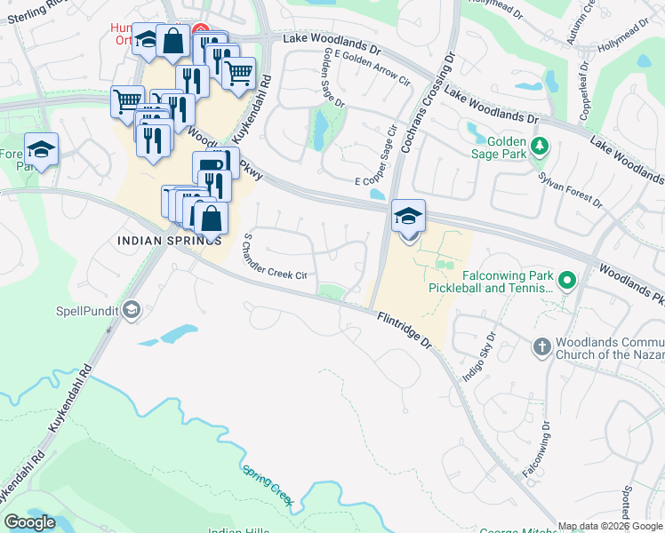 map of restaurants, bars, coffee shops, grocery stores, and more near 59 North Frosted Pond Drive in Spring