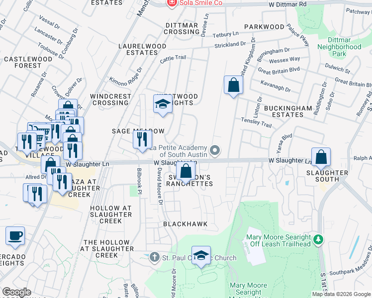 map of restaurants, bars, coffee shops, grocery stores, and more near 1205 Iron Musket Cove in Austin