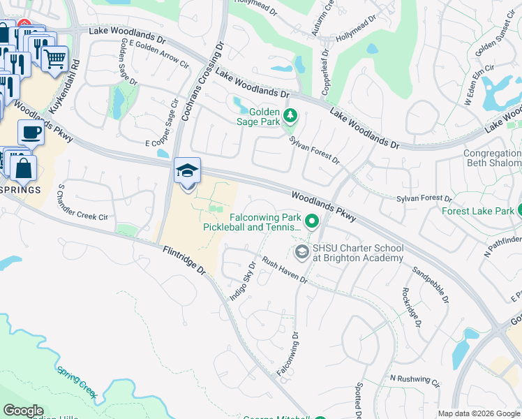 map of restaurants, bars, coffee shops, grocery stores, and more near 70 North Indigo Circle in Spring