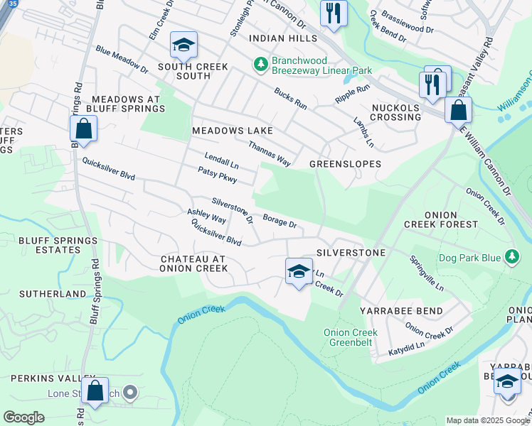 map of restaurants, bars, coffee shops, grocery stores, and more near 4608 Borage Drive in Austin