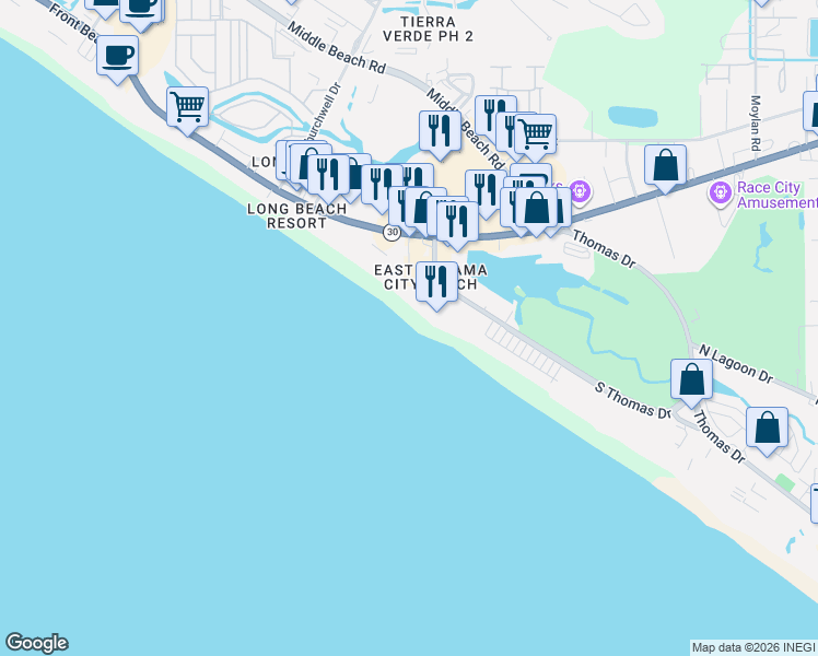 map of restaurants, bars, coffee shops, grocery stores, and more near 9900 South Thomas Drive in Panama City Beach