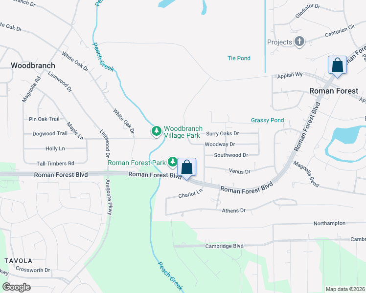 map of restaurants, bars, coffee shops, grocery stores, and more near 1743 Woodway Drive in New Caney