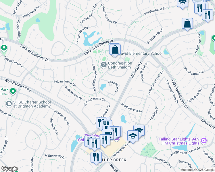 map of restaurants, bars, coffee shops, grocery stores, and more near 42 Lakeridge Drive in Spring