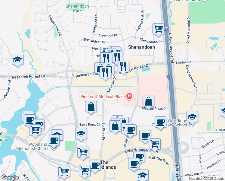map of restaurants, bars, coffee shops, grocery stores, and more near 8850 Six Pines Dr in Shenandoah