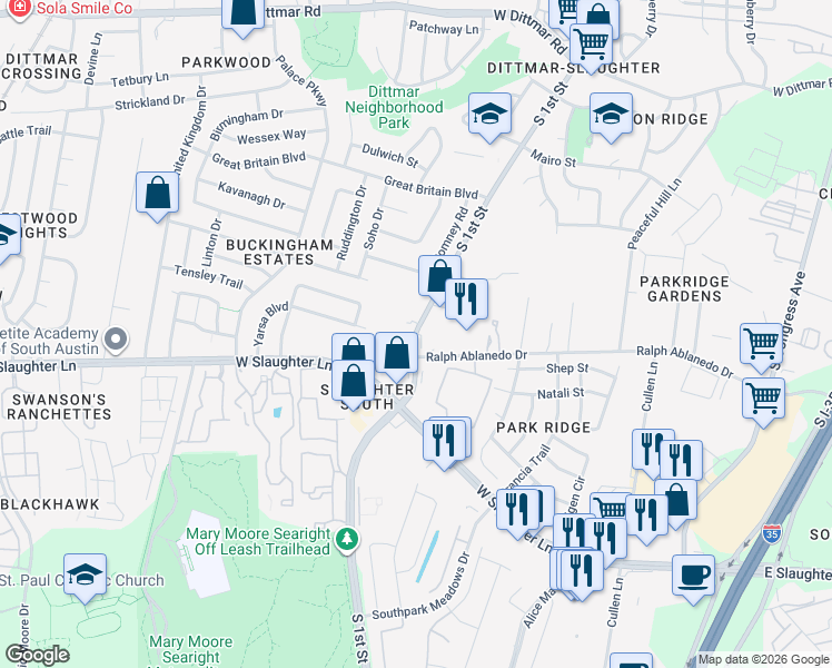 map of restaurants, bars, coffee shops, grocery stores, and more near 8807 South 1st Street in Austin