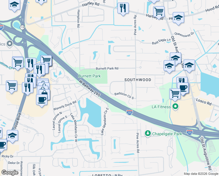 map of restaurants, bars, coffee shops, grocery stores, and more near 3792 Barbizon Court in Jacksonville