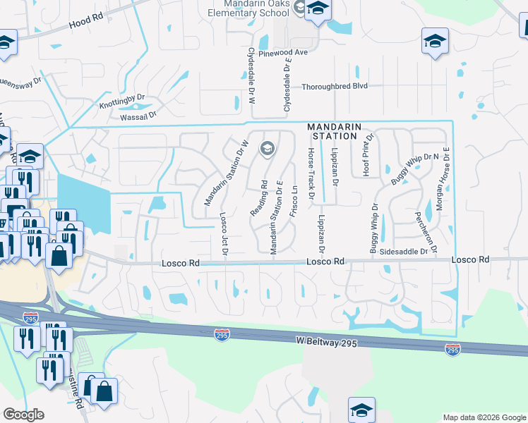 map of restaurants, bars, coffee shops, grocery stores, and more near 11006 Mandarin Station Drive East in Jacksonville