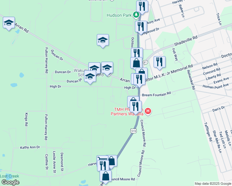 map of restaurants, bars, coffee shops, grocery stores, and more near 6C Old Courthouse Way in Crawfordville
