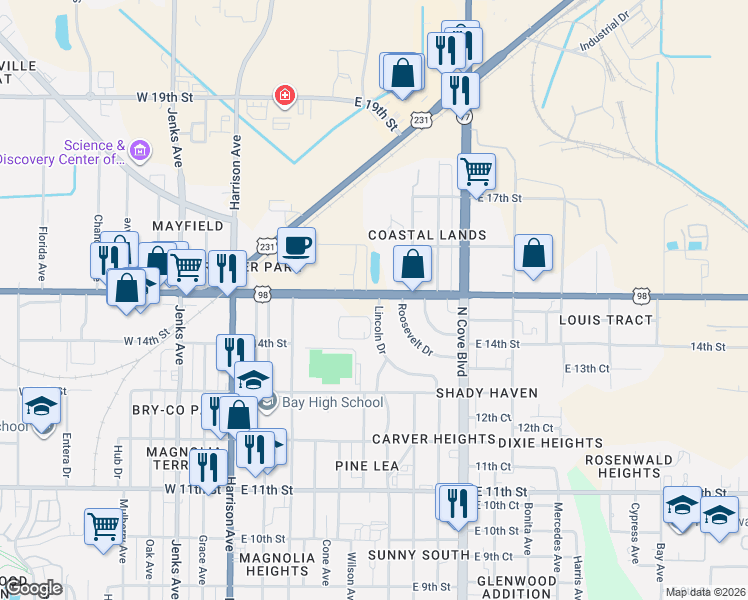 map of restaurants, bars, coffee shops, grocery stores, and more near Wilson Avenue in Panama City