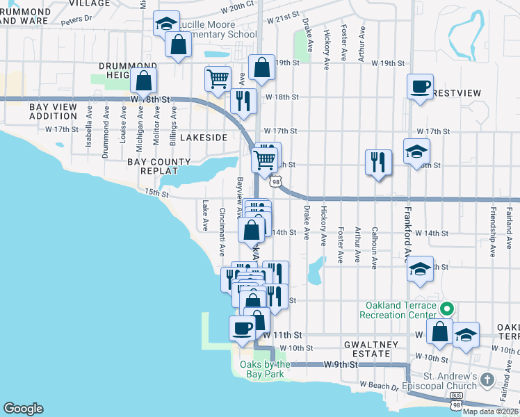 map of restaurants, bars, coffee shops, grocery stores, and more near 2901 U.S. 98 in Panama City