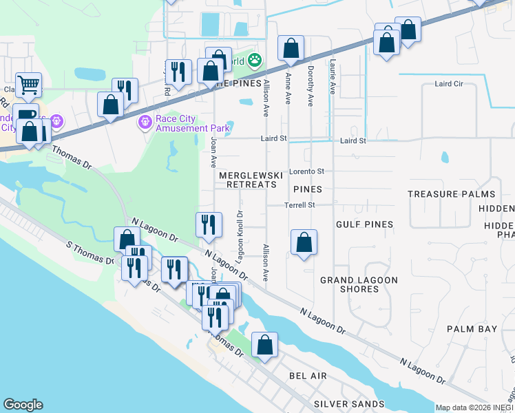 map of restaurants, bars, coffee shops, grocery stores, and more near 2506 Allison Avenue in Panama City Beach