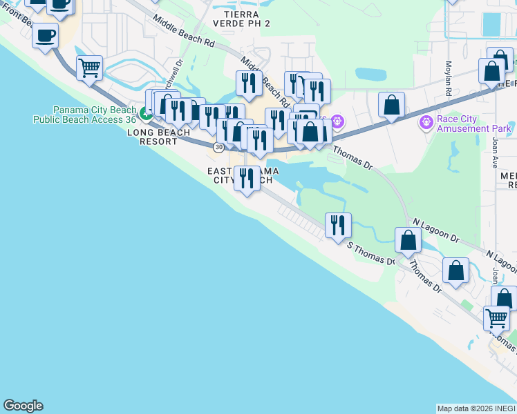 map of restaurants, bars, coffee shops, grocery stores, and more near in Panama City Beach