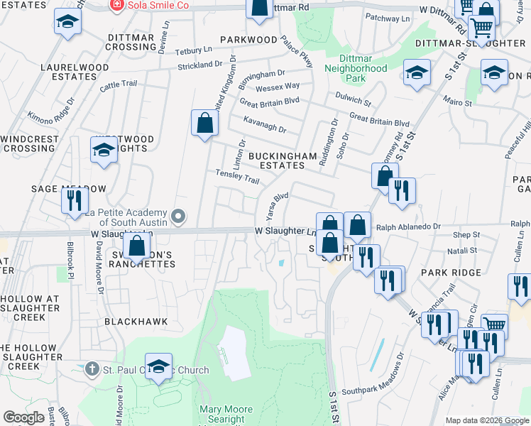 map of restaurants, bars, coffee shops, grocery stores, and more near 729A Yarsa Boulevard in Austin