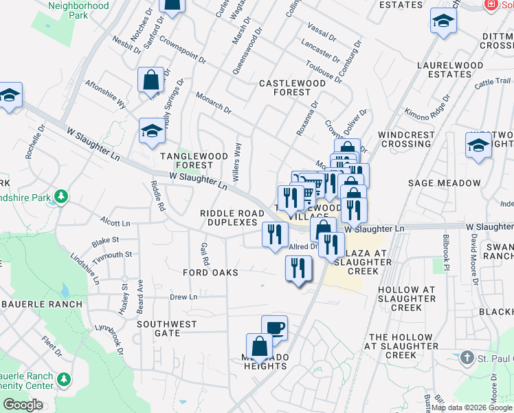 map of restaurants, bars, coffee shops, grocery stores, and more near 2404 West Slaughter Lane in Austin