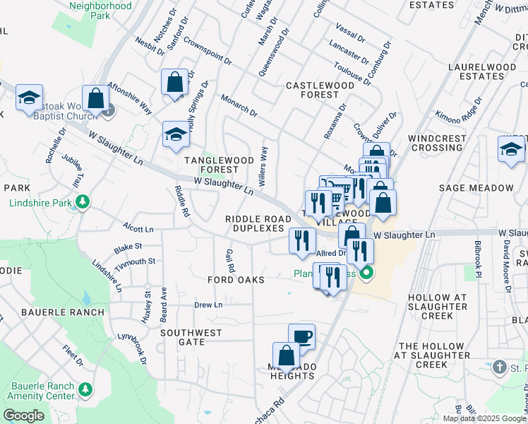 map of restaurants, bars, coffee shops, grocery stores, and more near 2417 West Slaughter Lane in Austin
