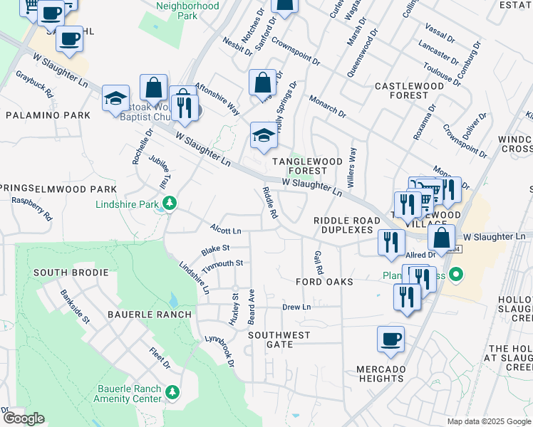 map of restaurants, bars, coffee shops, grocery stores, and more near 2621 Garrettson Drive in Austin