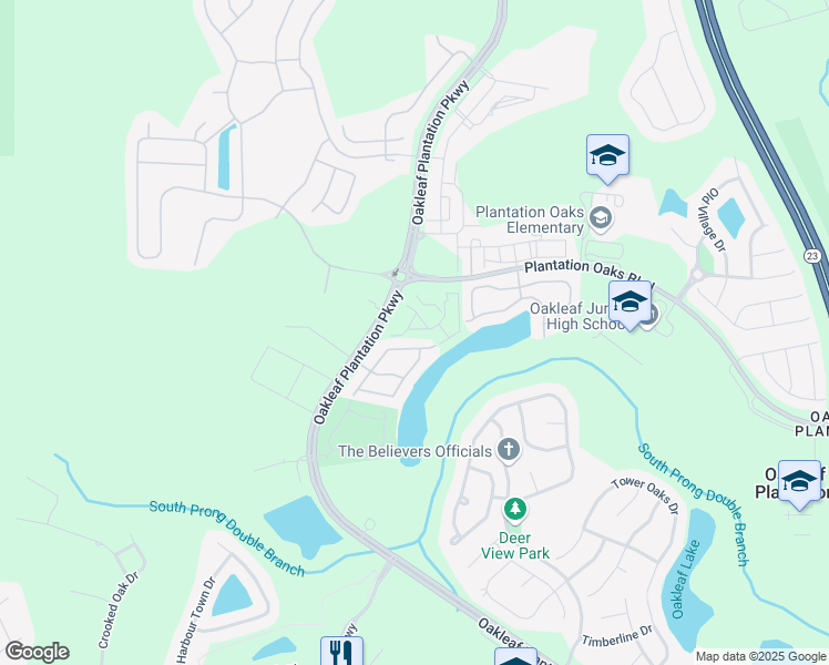 map of restaurants, bars, coffee shops, grocery stores, and more near 596 Crystal Way in Orange Park