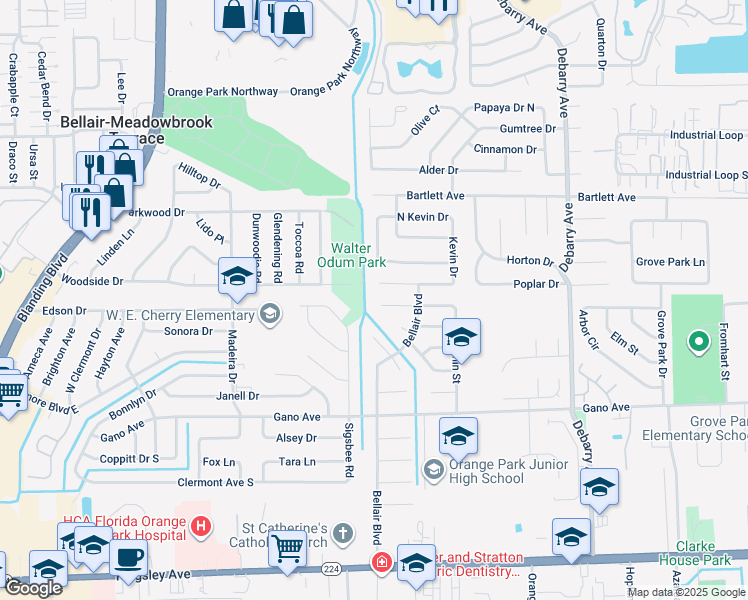 map of restaurants, bars, coffee shops, grocery stores, and more near 527 Kevin Drive in Orange Park