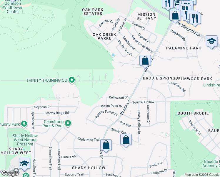 map of restaurants, bars, coffee shops, grocery stores, and more near 3707 Wyldwood Road in Austin