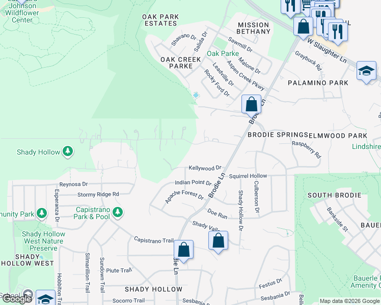 map of restaurants, bars, coffee shops, grocery stores, and more near 3707 Wyldwood Road in Austin