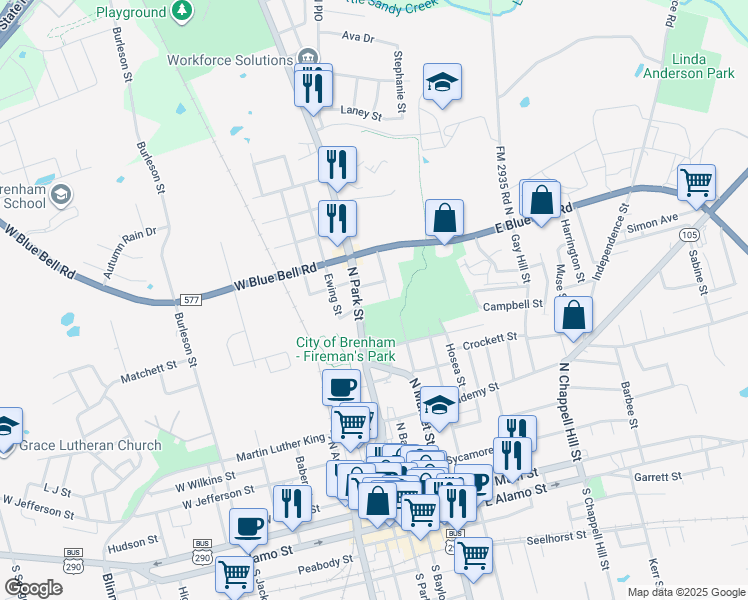 map of restaurants, bars, coffee shops, grocery stores, and more near 208 Emile Street in Brenham