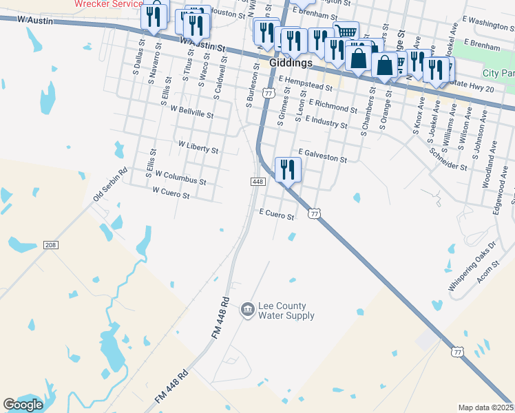 map of restaurants, bars, coffee shops, grocery stores, and more near 125 East Cuero Street in Giddings
