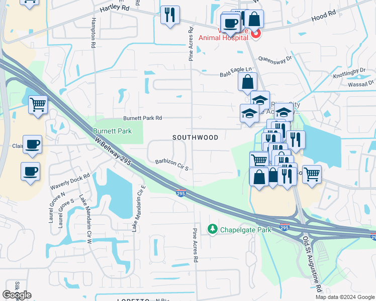map of restaurants, bars, coffee shops, grocery stores, and more near 11073 Barbizon Circle East in Jacksonville