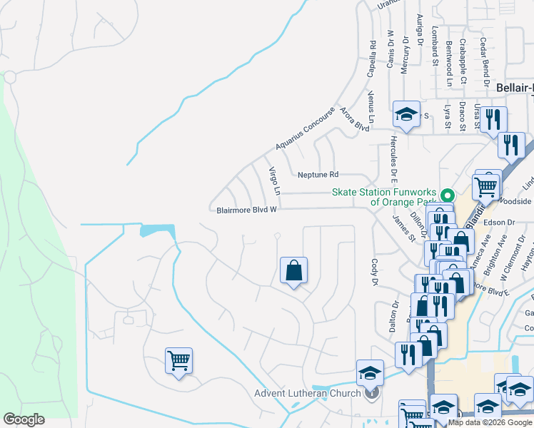 map of restaurants, bars, coffee shops, grocery stores, and more near 512 Blairmore Boulevard West in Orange Park