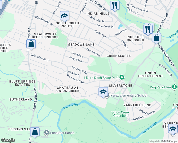 map of restaurants, bars, coffee shops, grocery stores, and more near 4506 Silverstone Drive in Austin
