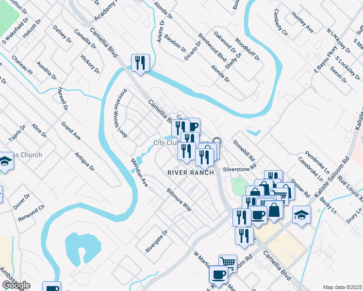 map of restaurants, bars, coffee shops, grocery stores, and more near 1042 Camellia Boulevard in Lafayette