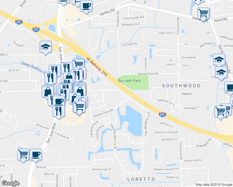 map of restaurants, bars, coffee shops, grocery stores, and more near 11031 Saint Anthonys Court in Jacksonville