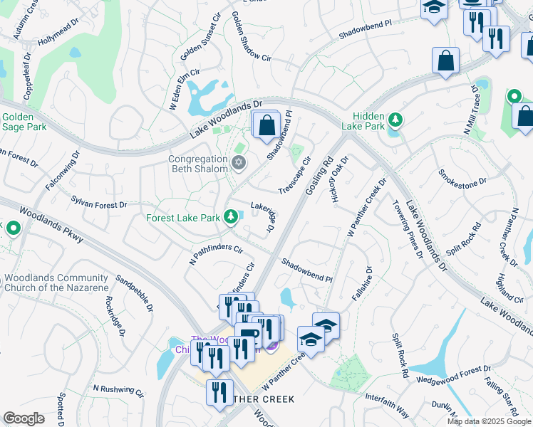 map of restaurants, bars, coffee shops, grocery stores, and more near 53 Lakeridge Drive in Spring