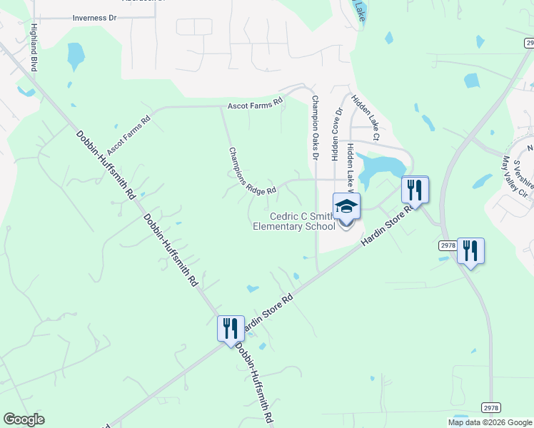 map of restaurants, bars, coffee shops, grocery stores, and more near 28503 Champions Ridge Road in Magnolia