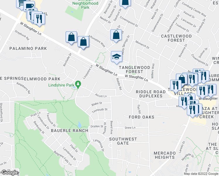 map of restaurants, bars, coffee shops, grocery stores, and more near 2618 Gwendolyn Lane in Austin