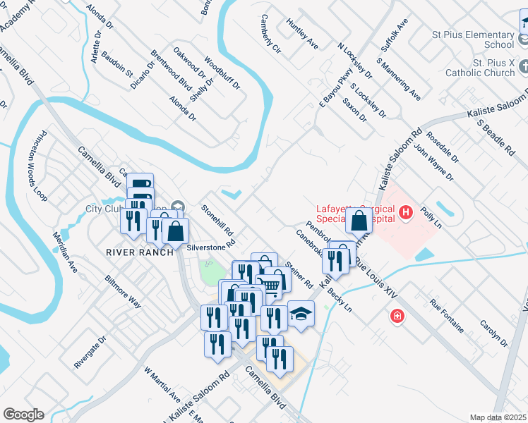 map of restaurants, bars, coffee shops, grocery stores, and more near 199-299 Pembroke Lane in Lafayette