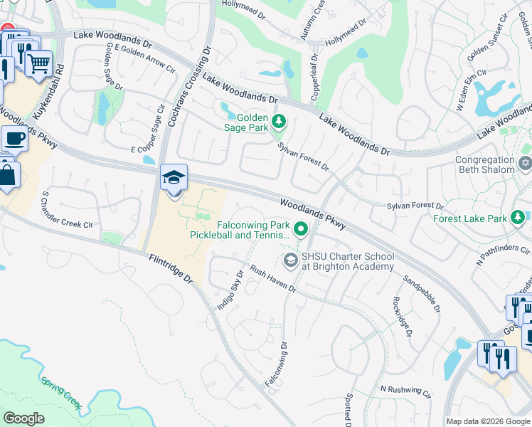 map of restaurants, bars, coffee shops, grocery stores, and more near 34 Tranquil Glade Place in Spring