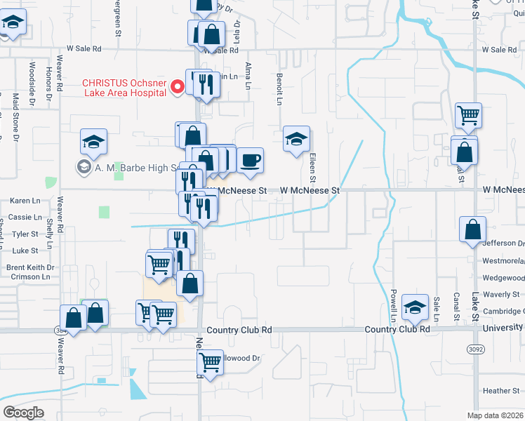 map of restaurants, bars, coffee shops, grocery stores, and more near 1515 West McNeese Street in Lake Charles