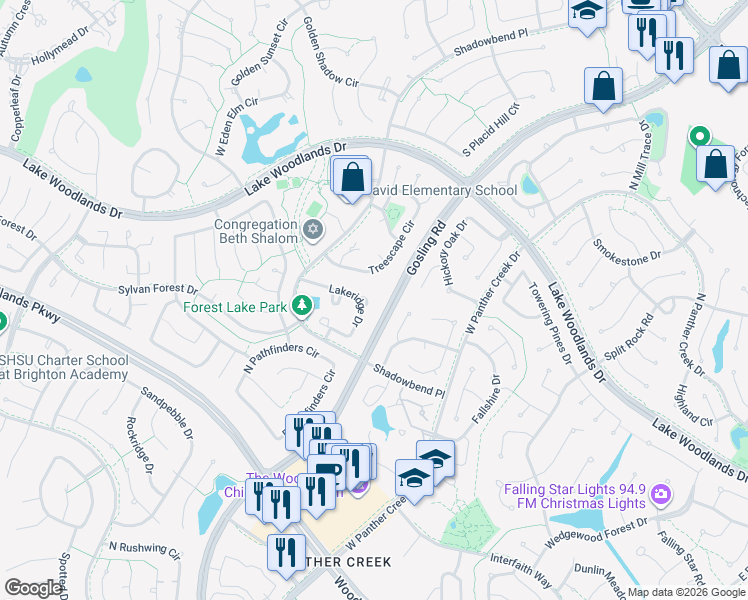 map of restaurants, bars, coffee shops, grocery stores, and more near 62 North Lakeridge Circle in The Woodlands