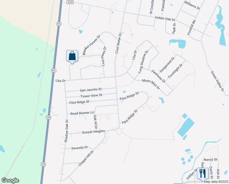 map of restaurants, bars, coffee shops, grocery stores, and more near 174 Cool Water Drive in Bastrop