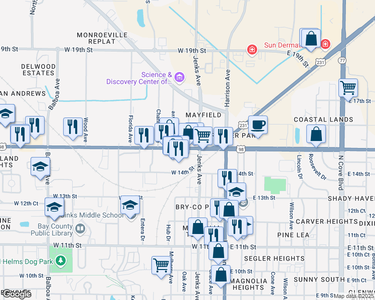 map of restaurants, bars, coffee shops, grocery stores, and more near 301 West 15th Street in Panama City