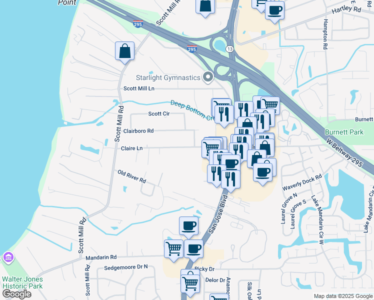map of restaurants, bars, coffee shops, grocery stores, and more near 2920 Claire Lane in Jacksonville