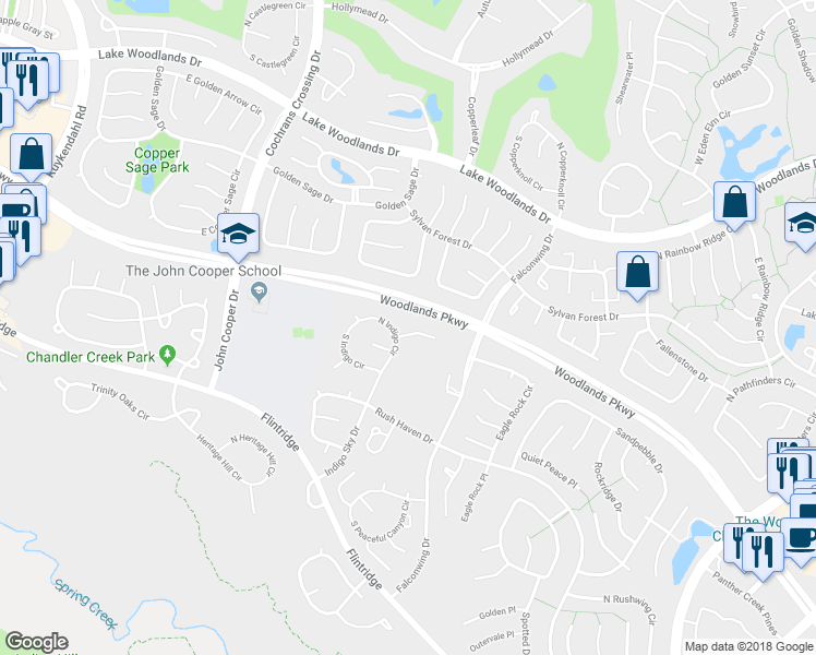 map of restaurants, bars, coffee shops, grocery stores, and more near 34 Tranquil Glade Place in Spring