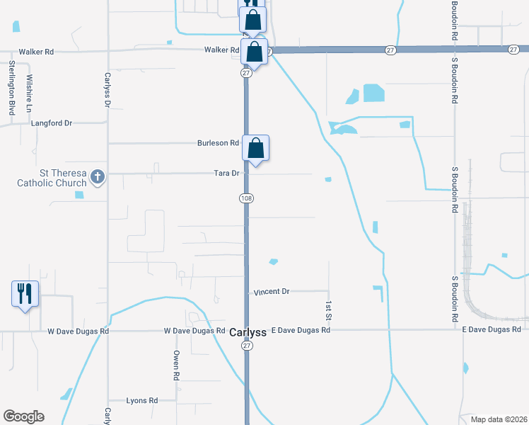 map of restaurants, bars, coffee shops, grocery stores, and more near 4955 Louisiana 27 in Sulphur