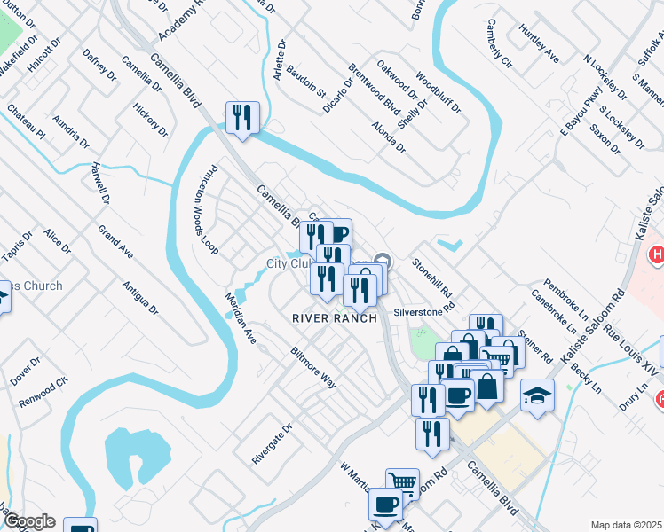 map of restaurants, bars, coffee shops, grocery stores, and more near 1042 Camellia Boulevard in Lafayette