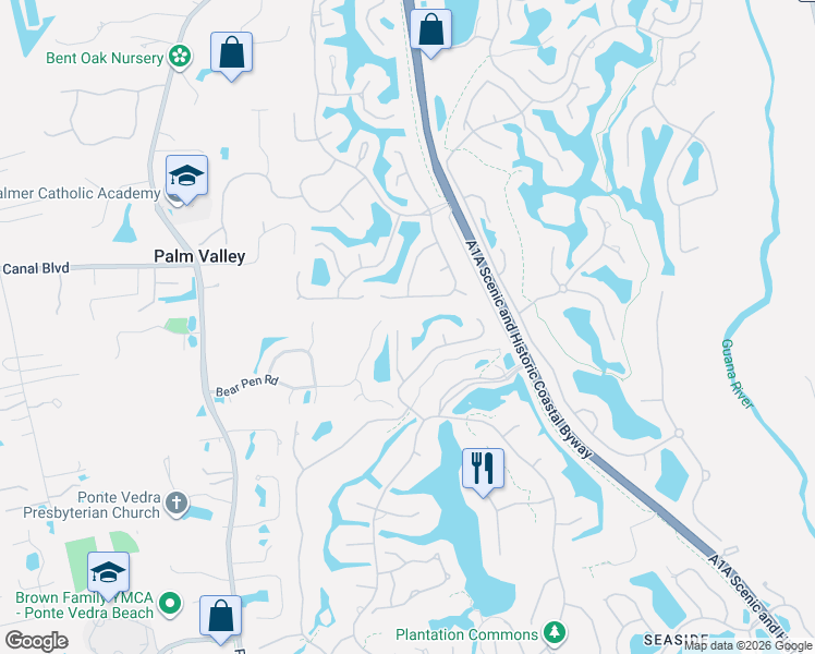 map of restaurants, bars, coffee shops, grocery stores, and more near 128 Haverhill Drive in Ponte Vedra Beach