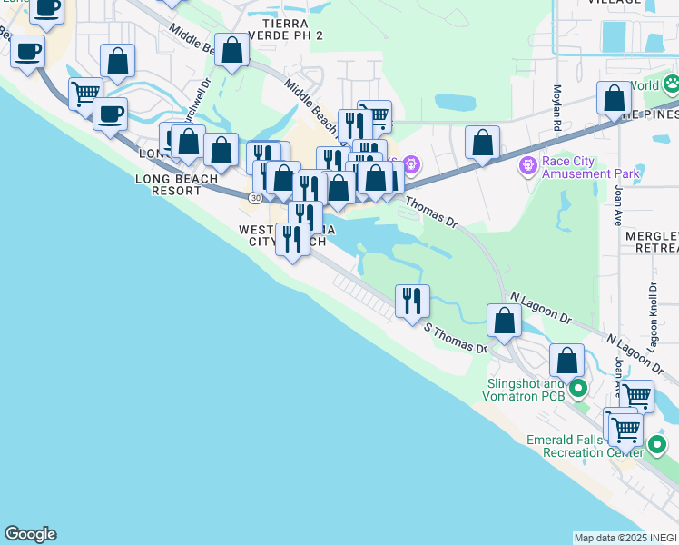 map of restaurants, bars, coffee shops, grocery stores, and more near 17225 Beach Boulevard in Panama City Beach